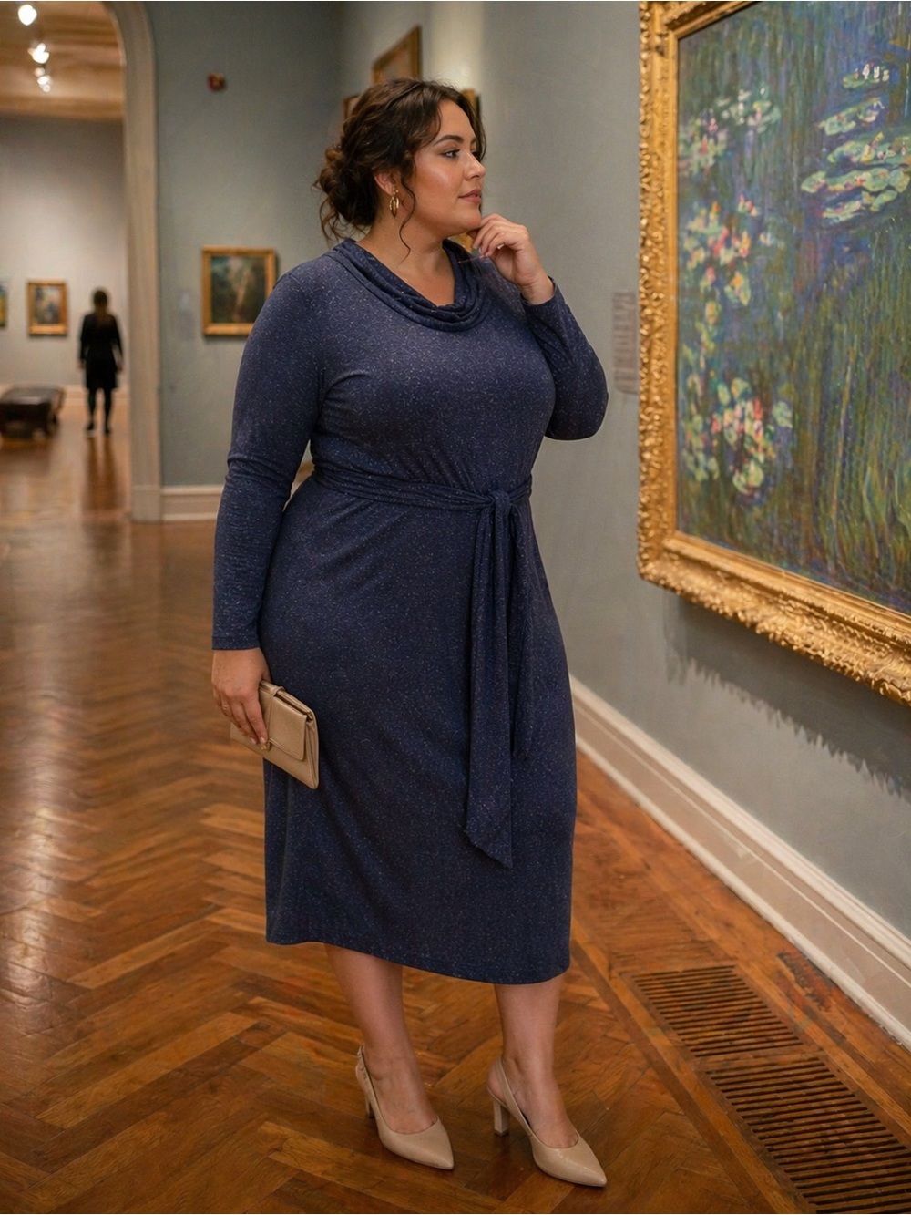 Market & Spruce Navy Shimmer Midi Dress | Long Sleeve Tie Waist Dress | Elegant - Picture 6 of 8